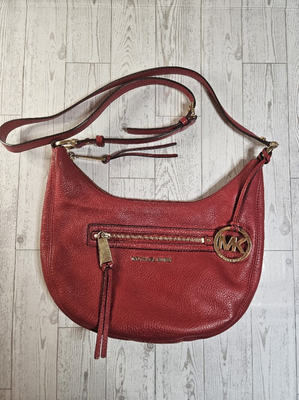 MICHAEL KORS Rhea Medium Zip Top Pebble Leather Messenger Bag Red Gold